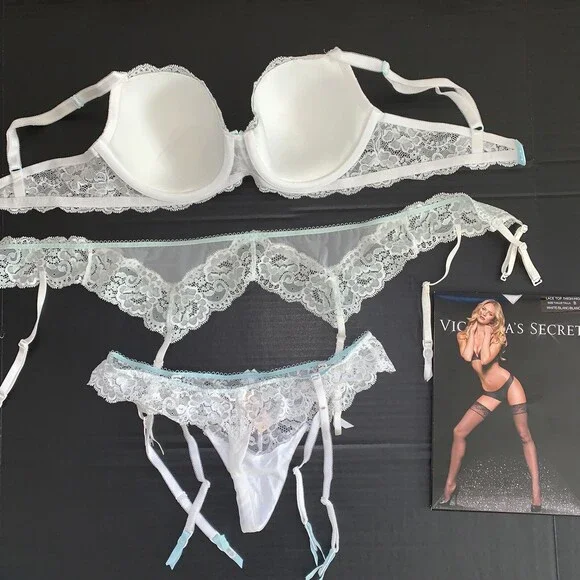 Victoria's Secret 34DD BRA SET+garter+thong+S SLIP WHITE blue BRIDAL lace I DO